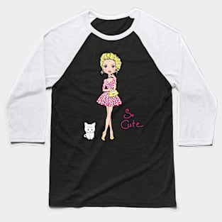 Pop Art girl in dress with cat Baseball T-Shirt